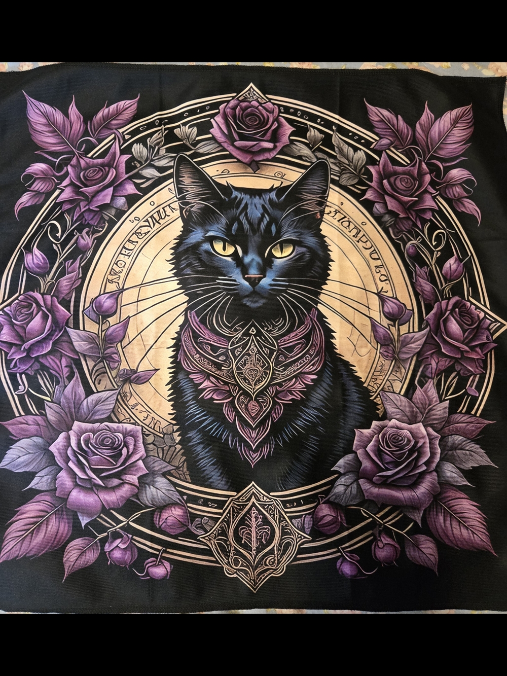 Mystic Black Cat Tarot Oracle Card Reading Cloth Mini Tapestry with Purple Roses